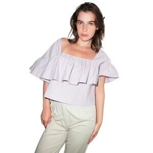 Kurt Lyle Shaela Top in Lilac Stripe Asymmetrical Ruffle Blouse size Medium
